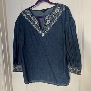 Lauren Ralph Lauren LRL Blue Floral Bohemian Embroidered Denim Blue‎ top